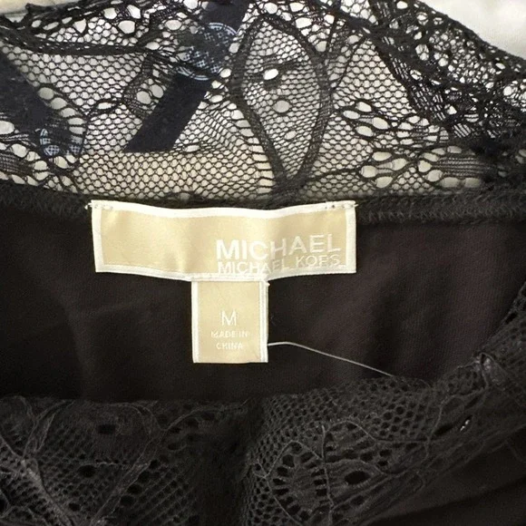 NWT Michael Kors Black Sheer Short Sleeve Blouse With Lace Trim At Neckline M - Picture 5 of 5